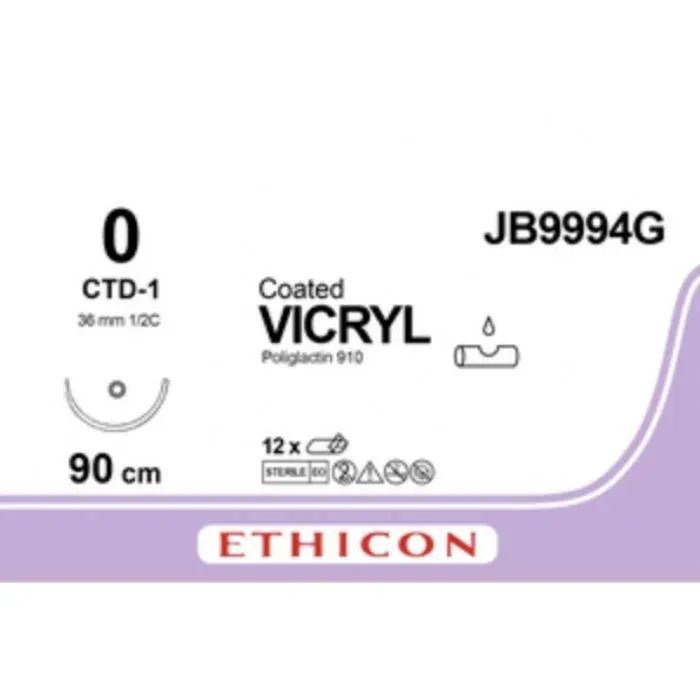 Ethicon COATED VICRYL Polyglactin 910 Braided Absorbable Surgical Suture – USP 0 – 90 cm – Violet – Single - Armed Taper Cut CTD - 1 Needle 36 mm, 1/2 Circle – JB9994G (Box of 12) Size: 0 Colour: Violet Style: Taper Cut CTD - 1 - JB9994G