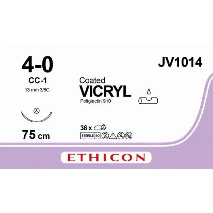 Ethicon VICRYL Polyglactin 910 Braided Absorbable Surgical Suture – USP 4 - 0 – 75 cm – Violet – Single - Armed Conventional Cutting CC - 1 Needle 13 mm, 3/8 Circle – JV1014 (Box of 36) Size: 4 - 0 Colour: Violet (D&C Violet 2) Style: Conventional Cutting CC - 1 - JV1014