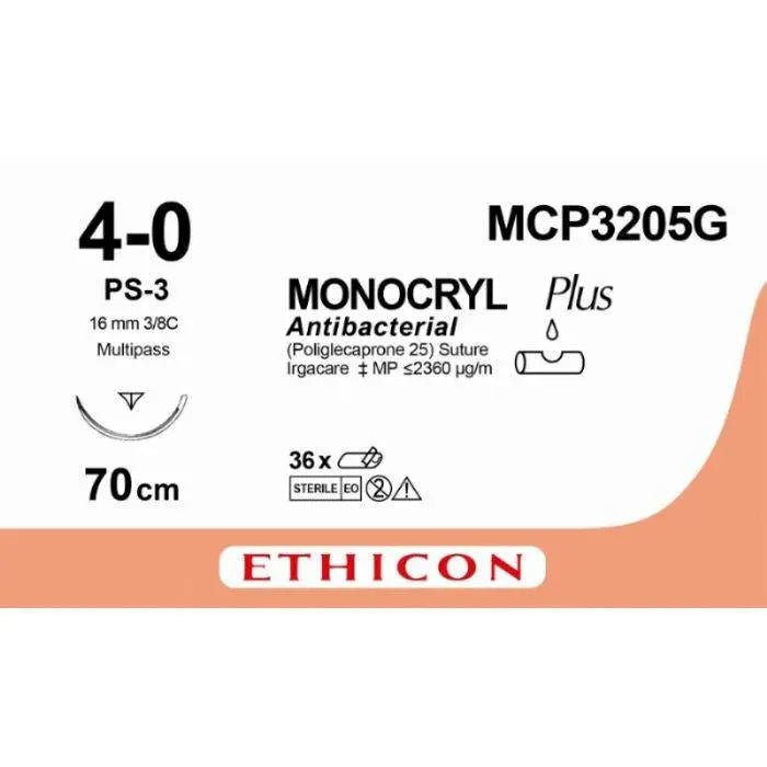 Ethicon MONOCRYL PLUS Poliglecaprone 25 Absorbable Monofilament Surgical Suture | USP 4 - 0 | 70 cm | Undyed | Single - Armed Reverse Cutting Prime Needle 16 mm | 3/8 Circle | MCP3205G / W3205 (Box of 12) - SutureMCP3205G