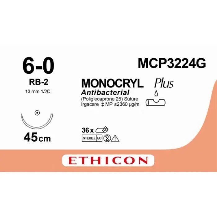 Ethicon MONOCRYL PLUS Poliglecaprone 25 Absorbable Monofilament Surgical Suture | USP 6 - 0 | 45 cm | Violet | Single - Armed Taperpoint Needle 13 mm | 1/2 Circle | MCP3224G / W3224 (Box of 12) - SutureMCP3224G