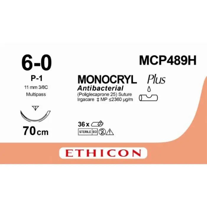 Ethicon MONOCRYL PLUS Poliglecaprone 25 Absorbable Monofilament Surgical Suture | USP 6 - 0 | 70 cm | Undyed | Single - Armed Reverse Cutting Prime Needle 11 mm | 3/8 Circle | MCP489H / W3214 (Box of 36) - SutureMCP489H