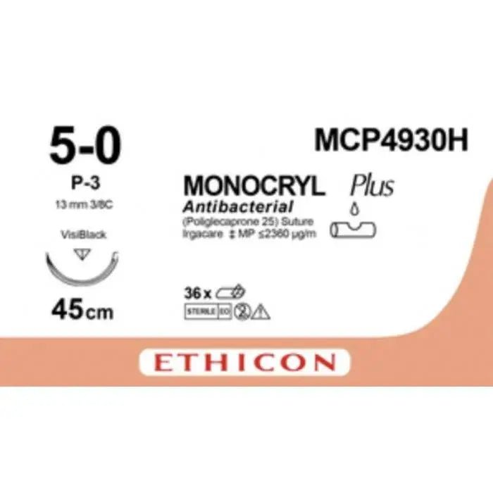 Ethicon MONOCRYL™ PLUS Antibacterial Undyed Absorbable Monofilament Suture 45cm USP 5 - 0 | MCP4930H | Box of 36 - SutureMCP4930H