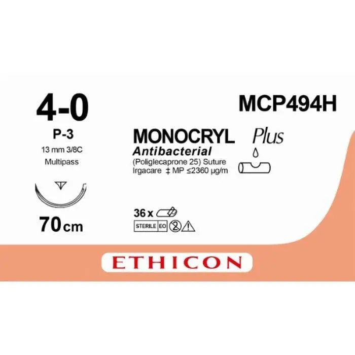 Ethicon MONOCRYL Plus Antibacterial Monofilament Absorbable Surgical Suture | USP 4 - 0 | 70 cm | Undyed | Reverse Cutting Prime Needle (13 mm, 3/8 Circle) | MCP494H (Box of 36) - SutureMCP494H
