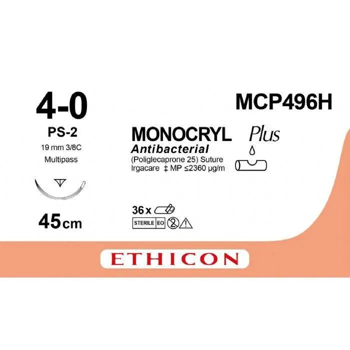 Ethicon MONOCRYL PLUS Poliglecaprone 25 Absorbable Monofilament Surgical Suture | USP 4 - 0 | 45 cm | Undyed | Single - Armed Reverse Cutting Prime Needle 19 mm | 3/8 Circle | MCP496H / MPY494H (Box of 36) - SutureMCP496H