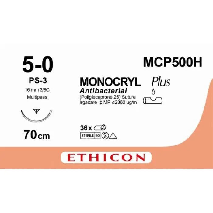 Ethicon MONOCRYL PLUS Poliglecaprone 25 Absorbable Monofilament Surgical Suture | USP 5 - 0 | 70 cm | Undyed | Single - Armed Reverse Cutting Prime Needle 16 mm | 3/8 Circle | MCP500H / W3204 (Box of 36) - SutureMCP500H
