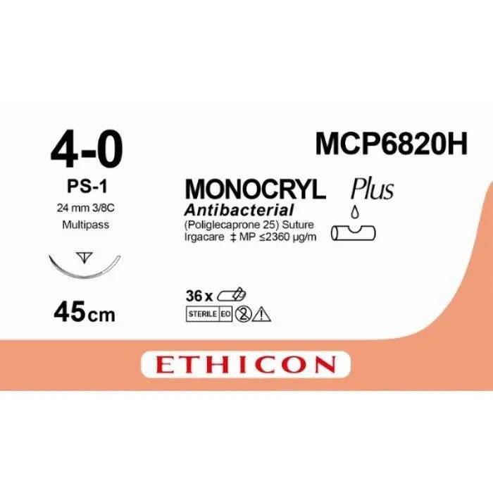 Ethicon MONOCRYL PLUS Poliglecaprone 25 Absorbable Monofilament Surgical Suture | USP 4 - 0 | 45 cm | Undyed | Single - Armed Reverse Cutting Prime Needle 24 mm | 3/8 Circle | MCP6820H / MPY682H (Box of 36) - SutureMCP6820H