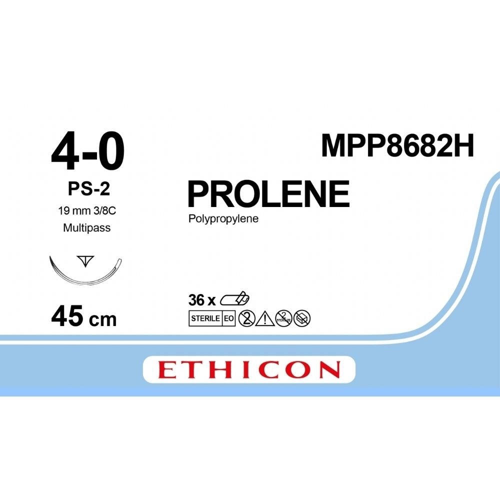 Ethicon PROLENE Polypropylene Blue Non - Absorbable Surgical Suture USP 4 - 0 45 cm PS - 2 PRIME MULTIPASS Reverse Cutting Needle (19 mm) MPP8682H (Box of 36) - MPP8682H