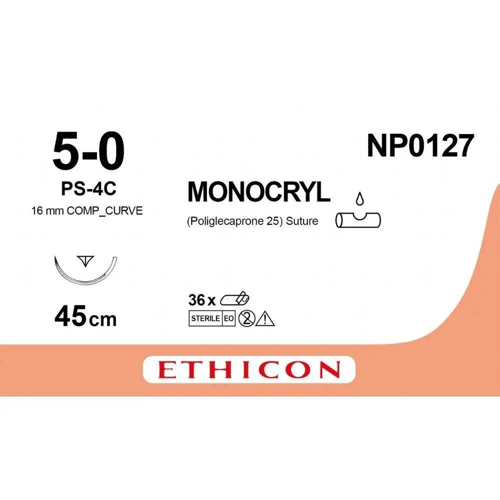 Ethicon MONOCRYL Poliglecaprone 25 Absorbable Monofilament Surgical Suture | USP 5 - 0 | 45 cm | Undyed | Single - Armed Reverse Cutting Needle | NP0127 (Box of 12) - SutureNP0127