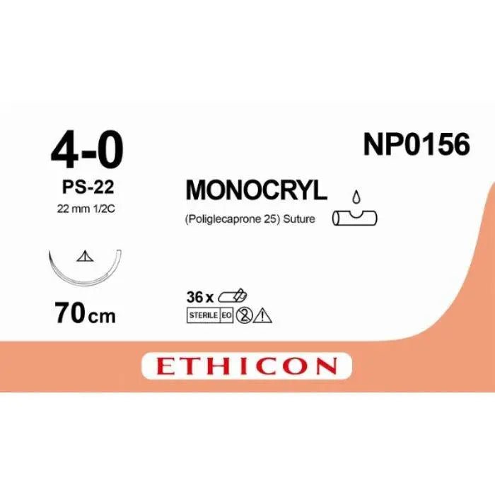 Ethicon MONOCRYL Poliglecaprone 25 Absorbable Monofilament Surgical Suture | USP 4 - 0 | 70 cm | Undyed | Single - Armed Conventional Cutting PC Needle 22 mm | 1/2 Circle | NP0156 (Box of 12) - SutureNP0156