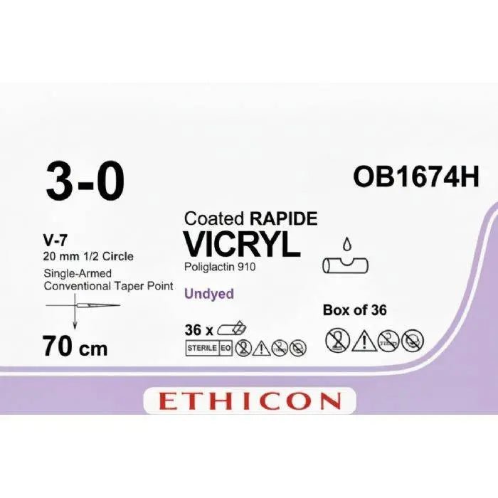 Ethicon VICRYL RAPIDE Polyglactin 910 Braided Rapidly Absorbable Surgical Suture – USP 3 - 0 – 70 cm – Undyed – Single - Armed Taper Point V - 7 Needle 20 mm, 1/2 Circle – OB1674H (Box of 36) Size: 3 - 0 Colour: Undyed Style: aper Point V - 7 - OB1674H
