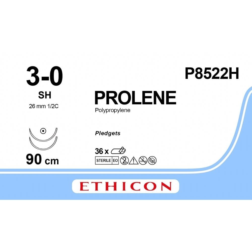 Ethicon PROLENE Polypropylene Blue Non - Absorbable Surgical Suture with Firm Pledgets USP 3 - 0 36 in (91 cm) Double - Armed SH Taper Point Needles (26 mm) P8522H (Box of 6) - P8522H