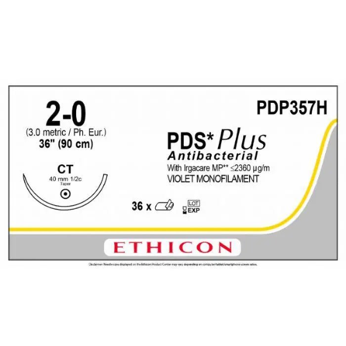 Ethicon PDS® Plus Antibacterial (Polydioxanone) Violet Absorbable Surgical Suture – USP 2 - 0 – 36 in (90 cm) – CT Taperpoint Needle (40 mm) – PDP357H (Box of 36) - SuturePDP357H
