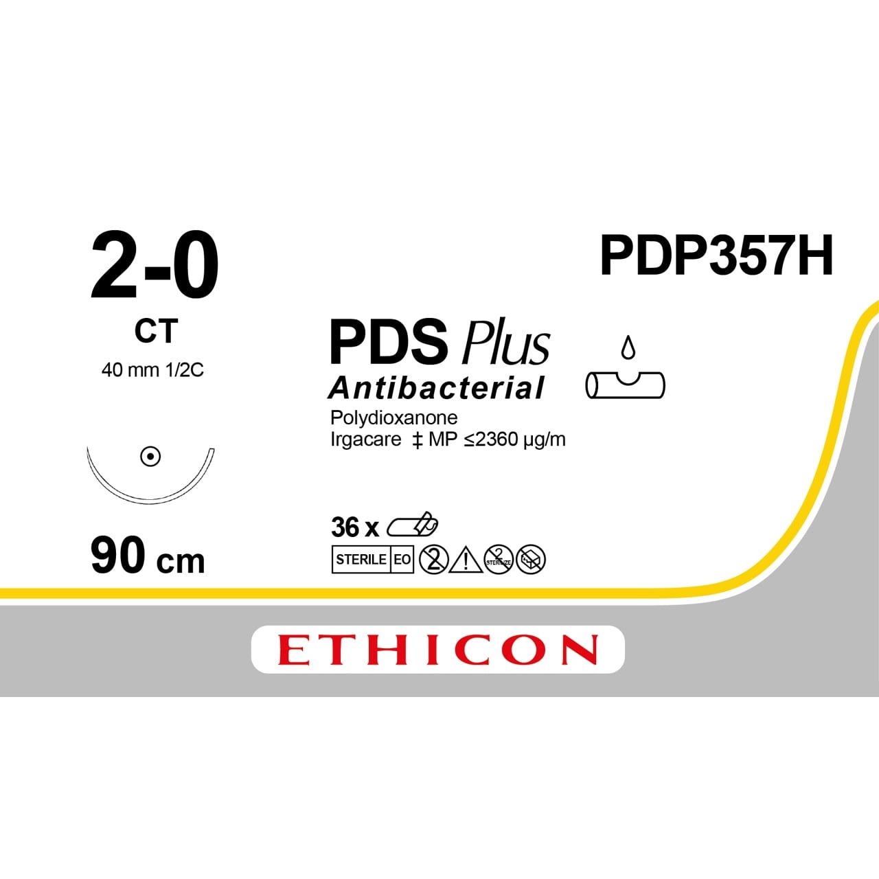 Ethicon PDS® Plus Antibacterial (Polydioxanone) Violet Absorbable Surgical Suture – USP 2 - 0 – 36 in (90 cm) – CT Taperpoint Needle (40 mm) – PDP357H (Box of 36) - SuturePDP357H