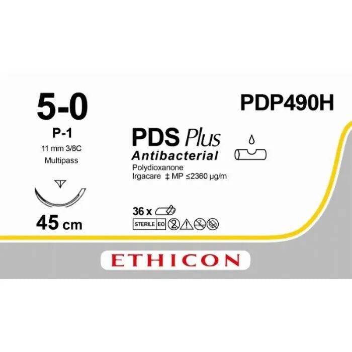Ethicon PDS® Plus Antibacterial (Polydioxanone) Undyed Absorbable Surgical Suture | USP 5 - 0 | 45 cm | P - 1 PRIME™ Reverse Cutting Needle (11 mm) | MULTIPASS® | PDP490H (Box of 36) - SuturePDP490H