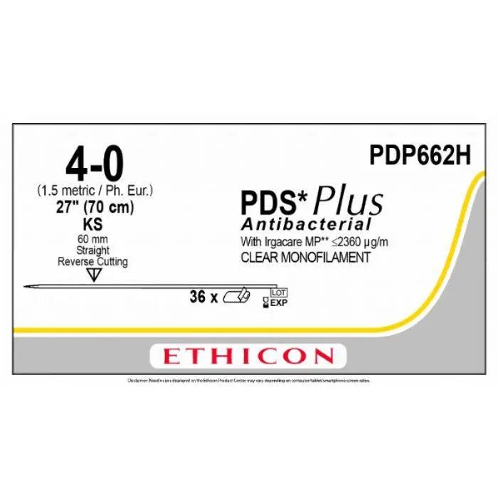 Ethicon PDS® Plus Antibacterial (Polydioxanone) Undyed Absorbable Surgical Suture | USP 4 - 0 | 27 in (70 cm) | KS Reverse Cutting Needle (60 mm) | PDP662H (Box of 36) - SuturePDP662H