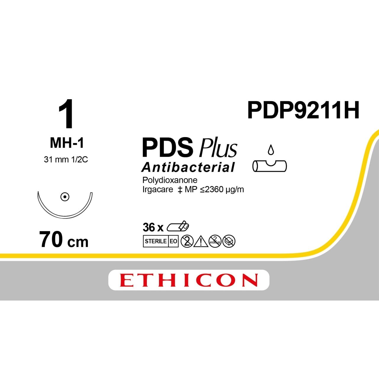 Ethicon PDS® Plus Antibacterial (Polydioxanone) Violet Absorbable Veterinary Suture – USP 1 – 70 cm – MH - 1 Taper Point Needle (31 mm) – PDP9211H (Box of 36) - SuturePDP9211H