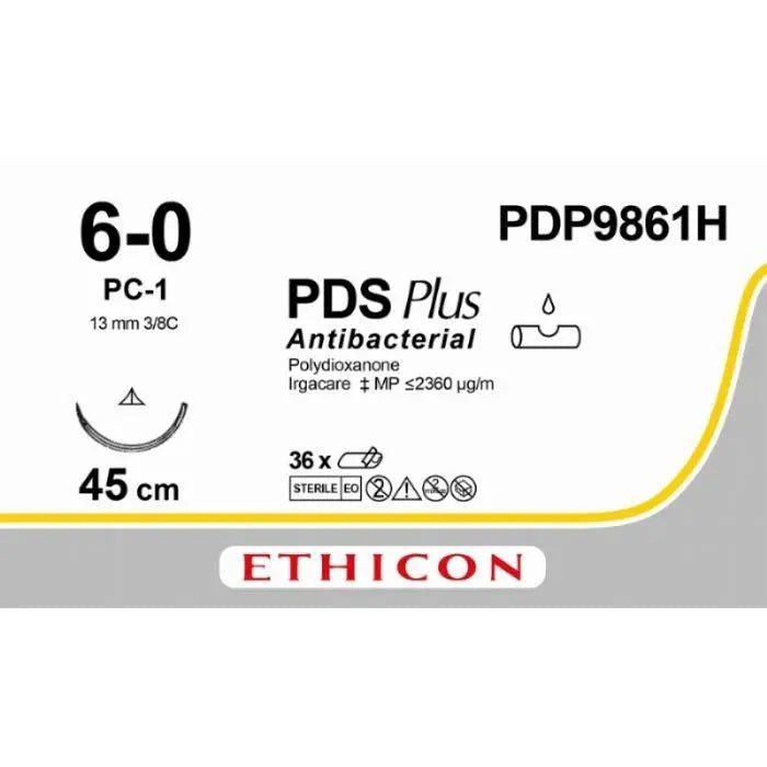 Ethicon PDS® Plus Antibacterial (Polydioxanone) Undyed Absorbable Veterinary Suture | USP 6 - 0 | 45 cm | PC - 1 PRIME Conventional Cutting Needle (13 mm) | PDP9861H (Box of 36) - SuturePDP9861H