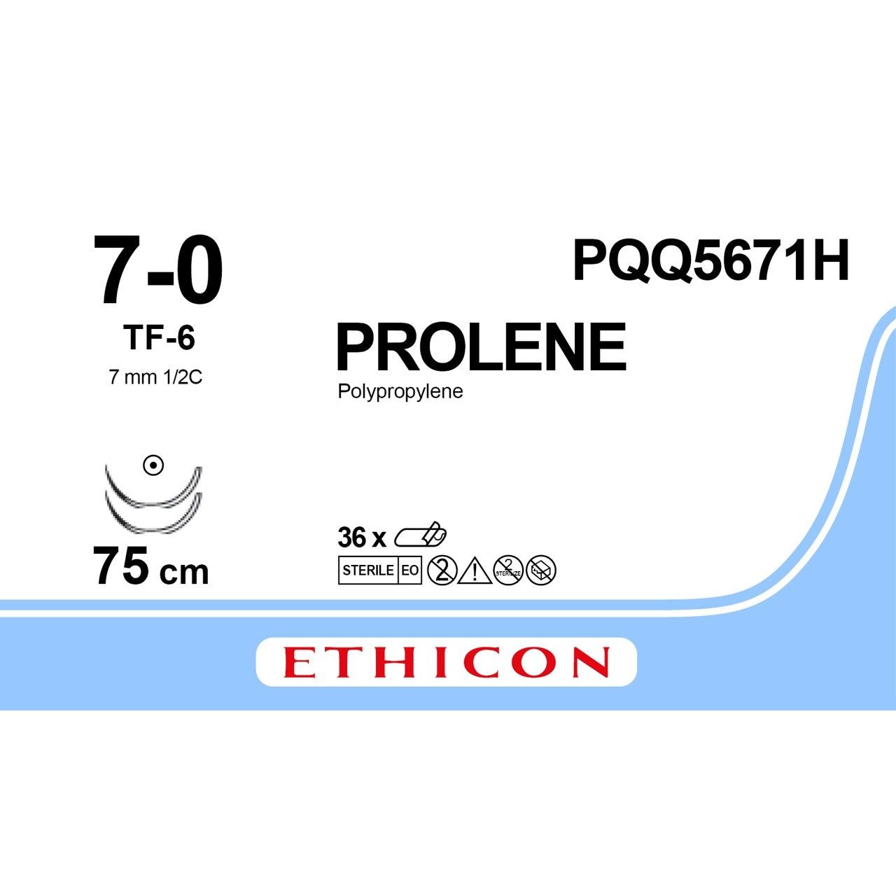 Ethicon PROLENE Polypropylene Blue Non - Absorbable Microsurgical Suture USP 7 - 0 75 cm TF - 6 Taper Point Needle PQQ5671H (Box of 36) - PQQ5671H
