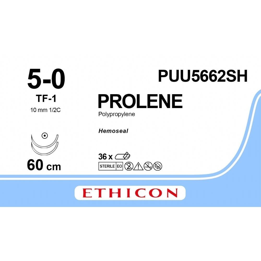 Ethicon PROLENE Polypropylene Blue Non - Absorbable Surgical Suture USP 5 - 0 60 cm TF - 1 Taper Point Needle PUU5662SH (Box of 36) - PUU5662SH