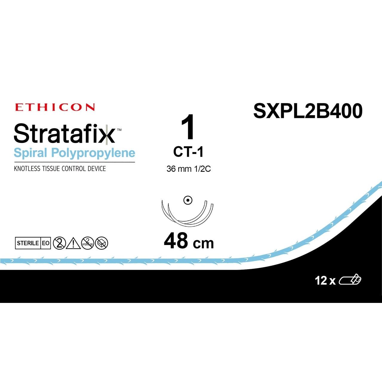 Ethicon STRATAFIX Polypropylene Non - Absorbable Monofilament Surgical Suture USP 1 48 cm Undyed Double - Armed Taperpoint Needles (36 mm, 1/2 Circle) SXPL2B400 (Box of 12) - SXPL2B400