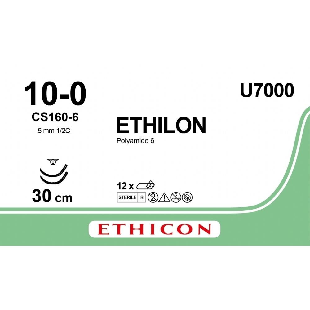 Ethicon ETHILON Black Monofilament Non - Absorbable Microsurgical Suture USP 10 - 0 12 in (30 cm) Black Double - Armed CS160 - 6 Taper Point Needles 6.5 mm 3/8 Circle U7000 (Box of 12) - U7000