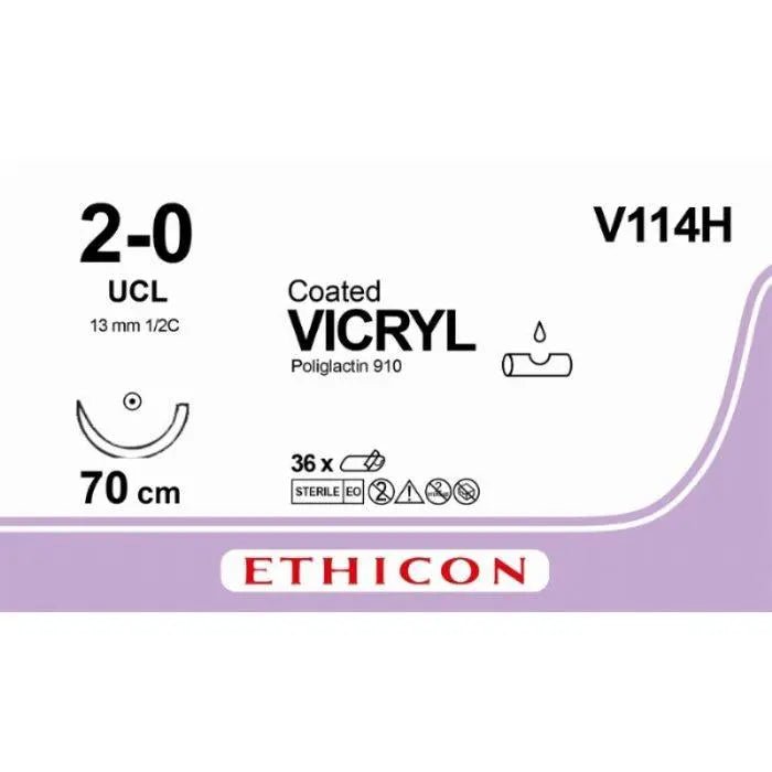 Ethicon VICRYL Polyglactin 910 Braided Absorbable Surgical Suture – USP 2 - 0 – 70 cm – Violet – Single - Armed Conventional Cutting UCL Needle 26 mm, 3/8 Circle – V114H (Box of 36) Size: 2 - 0 Colour: Violet (D&C Violet 2) Style: Conventional Cutting UCL - V114H