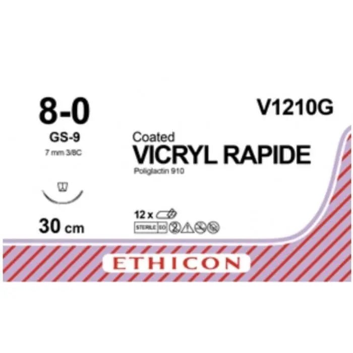 Ethicon VICRYL RAPIDE Polyglactin 910 Braided Rapidly Absorbable Surgical Suture – USP 8 - 0 – 30 cm – Violet – Single - Armed Taper Point GS - 9 Needle 9 mm, 3/8 Circle – V1210G (Box of 12) Size: 8 - 0 Colour: Violet Style: Taper Point GS - 9 - V1210G