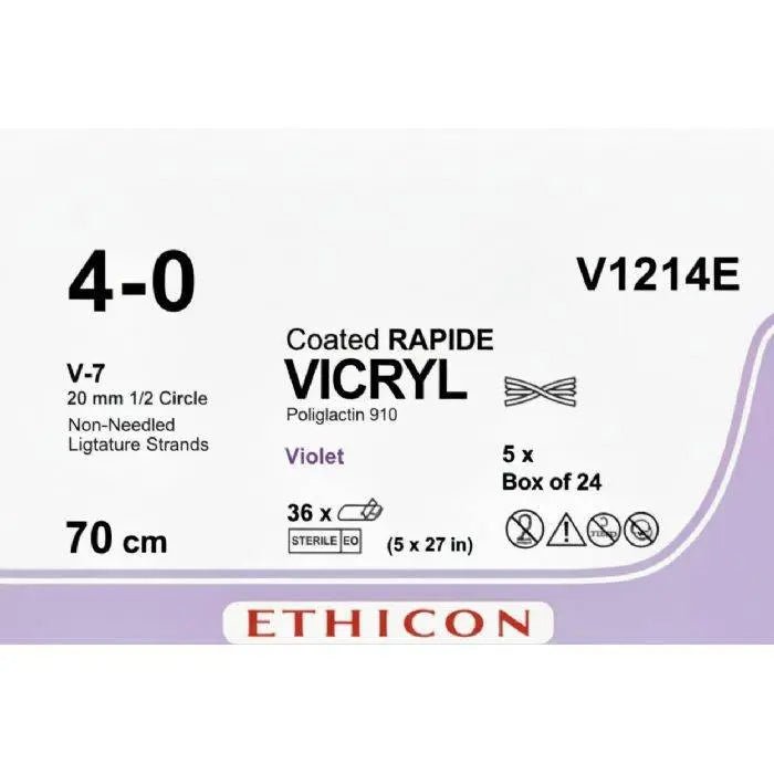 Ethicon VICRYL Polyglactin 910 Braided Absorbable Surgical Suture – USP 4 - 0 – 70 cm (5 x 27 in) – Violet – Non - Needled Ligature Strands – V1214E (Box of 24) Size: 4 - 0 Colour: Violet (D&C Violet 2) Style: Non - needled - V1214E