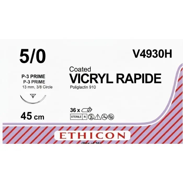 Ethicon VICRYL RAPIDE Polyglactin 910 Braided Rapidly Absorbable Surgical Suture – USP 5 - 0 – 45 cm – Undyed – Single - Armed Taper Point P - 3 PRIME Needle 13 mm, 3/8 Circle – V4930H (Box of 36) Size: 5 - 0 Colour: Undyed Style: Taper Point P - 3 PRIME - V4930H