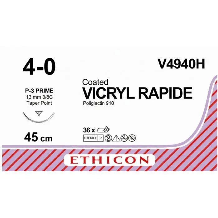 Ethicon VICRYL RAPIDE Polyglactin 910 Braided Rapidly Absorbable Surgical Suture – USP 4 - 0 – 45 cm – Undyed – Single - Armed Taper Point P - 3 PRIME Needle 13 mm, 3/8 Circle – V4940H (Box of 36) - V4940H