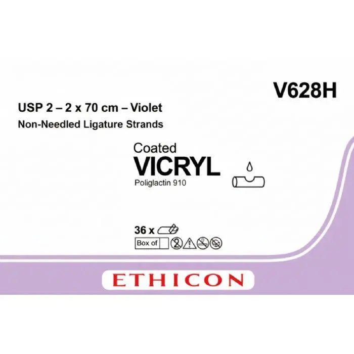 Ethicon VICRYL Polyglactin 910 Braided Absorbable Surgical Suture – USP 2 – 2 x 70 cm – Violet – Non - Needled Ligature Strands – V628H (Box of 36) Size: 2 Colour: Violet (D&C Violet 2) Style: Non - needled - V628H