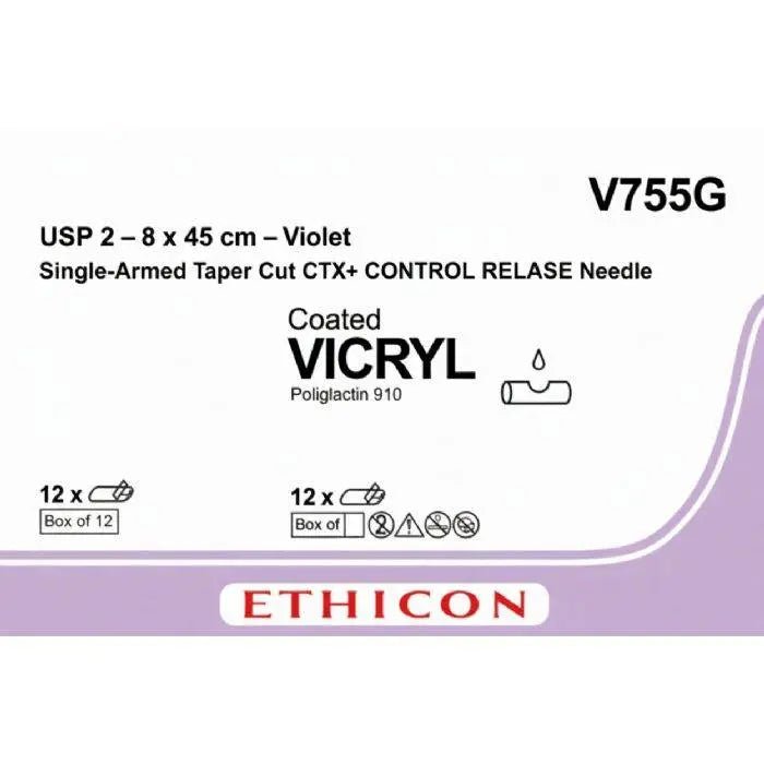 Ethicon VICRYL Polyglactin 910 Braided Absorbable Surgical Suture – USP 2 – 8 x 45 cm – Violet – Single - Armed Taper Cut CTX+ CONTROL RELEASE Needle – V755G (Box of 12) Size: 2 Colour: Violet (D&C Violet 2) Style: Taper Cut CTX+ - V755G