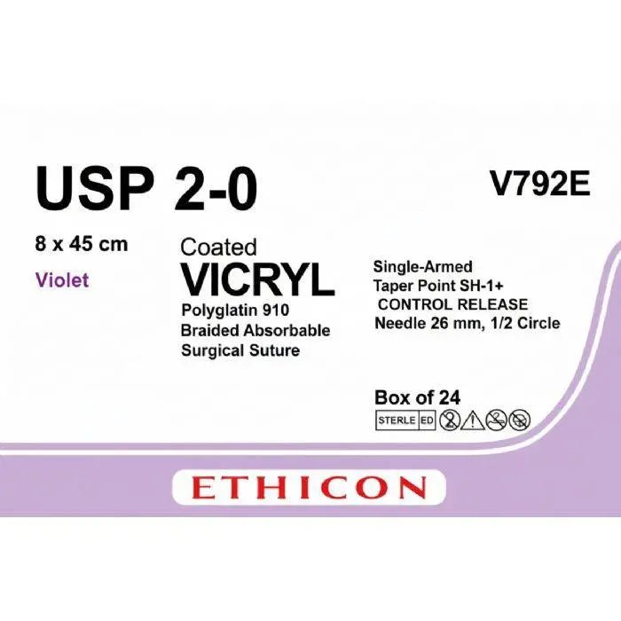 Ethicon VICRYL Polyglactin 910 Braided Absorbable Surgical Suture – USP 2 - 0 – 8 x 45 cm – Violet – Single - Armed Taper Point SH - 1+ CONTROL RELEASE Needle 26 mm, 1/2 Circle – V792E (Box of 24) Size: 2 - 0 - V792E