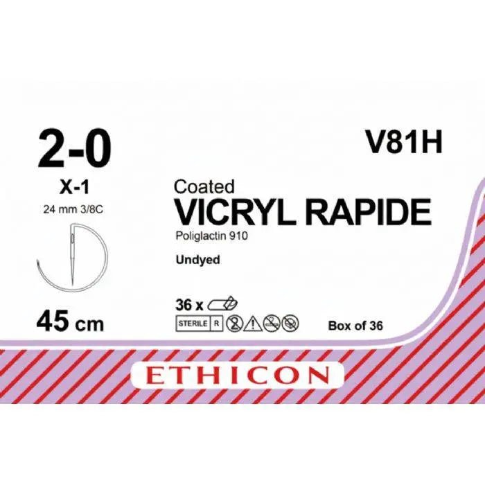 Ethicon VICRYL RAPIDE Polyglactin 910 Braided Rapidly Absorbable Surgical Suture – USP 2 - 0 – 45 cm – Undyed – Single - Armed Conventional Cutting X - 1 Needle 24 mm, 3/8 Circle – V81H (Box of 36) Size: 2 - 0 Colour: Undyed Style: Conventional Cutting X - 1 - V81H