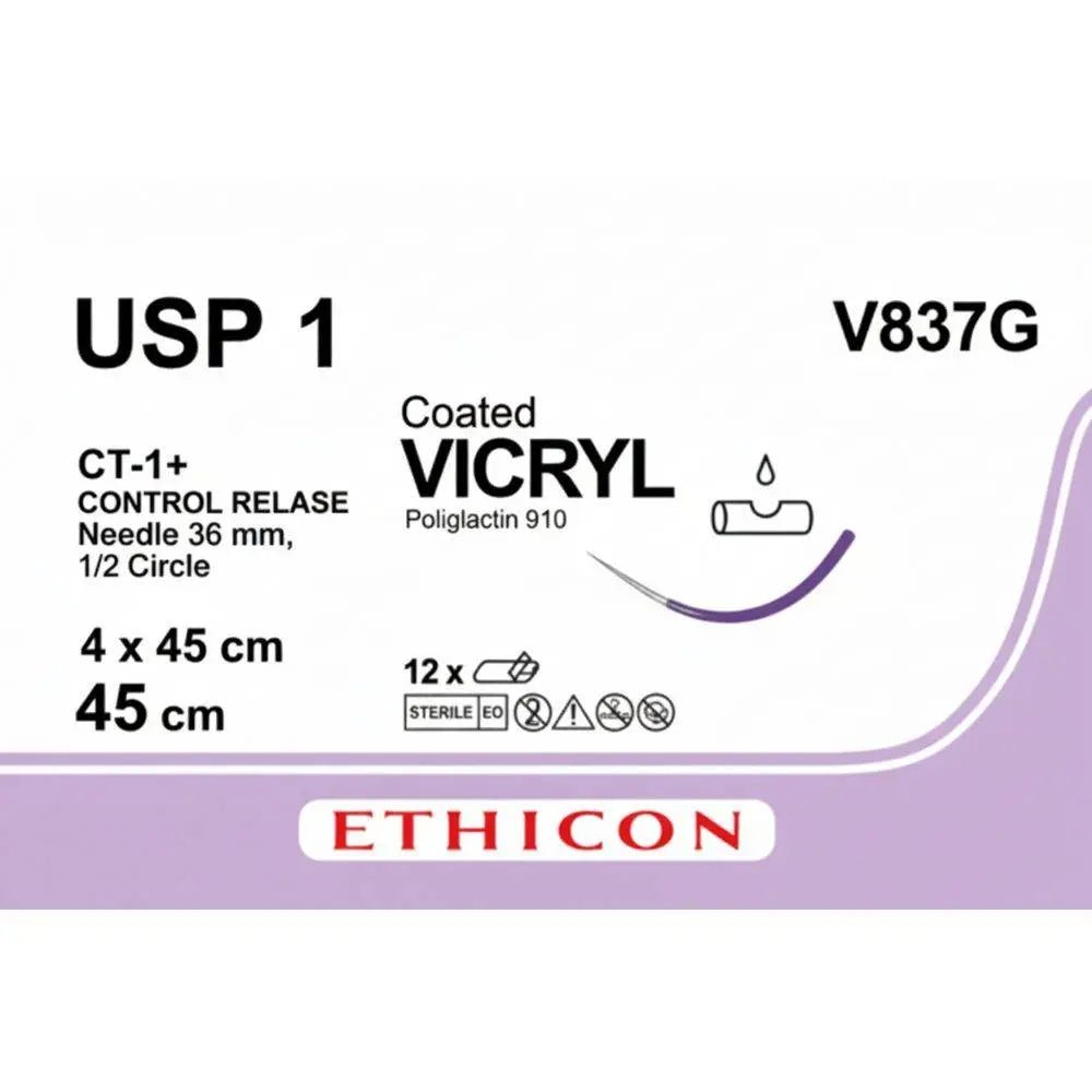 Ethicon VICRYL Polyglactin 910 Braided Absorbable Surgical Suture – USP 1 – 4 x 45 cm – Violet – Single - Armed Taper Point CT - 1+ CONTROL RELEASE Needle 36 mm, 1/2 Circle – V837G (Box of 12) Size: 1 Colour: Violet (D&C Violet 2) Style: Taper Point CT - 1+ - V837G