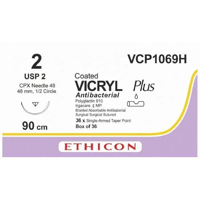 Ethicon VICRYL PLUS Polyglactin 910 Braided Absorbable Antibacterial Surgical Suture – USP 2 – 90 cm – Undyed – Single - Armed Taper Point CPX Needle 48 mm, 1/2 Circle – VCP1069H (Box of 36) Size: 2 Colour: Undyed Style: Taper Point CPX - VCP1069H