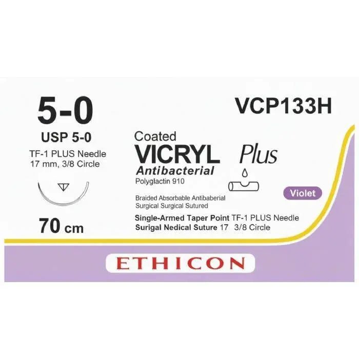 Ethicon VICRYL PLUS Polyglactin 910 Braided Absorbable Antibacterial Surgical Suture – USP 5 - 0 – 70 cm – Violet – Single - Armed Taper Point TF - 1 PLUS Needle 17 mm, 3/8 Circle – VCP133H (Box of 36) Size: 5 - 0 Colour: Violet Style: Taper Point TF - 1 PLUS - VCP133H