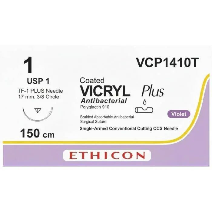 Ethicon VICRYL PLUS Polyglactin 910 Braided Absorbable Antibacterial Surgical Suture – USP 1 – 150 cm – Violet – Single - Armed Conventional Cutting CCS Needle – VCP1410T (Box of 24) Size: 1 Colour: Violet Style: Conventional Cutting CCS - VCP1410T