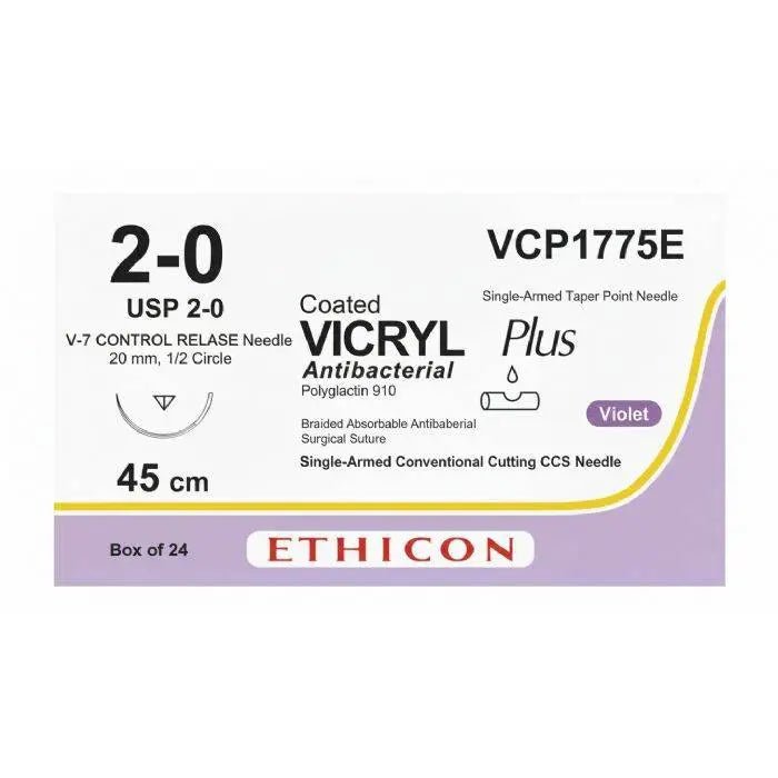 Ethicon VICRYL PLUS Polyglactin 910 Braided Absorbable Antibacterial Surgical Suture – USP 2 - 0 – 8 x 45 cm – Violet – Single - Armed Taper Point V - 7 CONTROL RELEASE Needle 20 mm, 1/2 Circle – VCP1775E (Box of 24) Size: 2 - 0 Colour: Violet Style: Taper Point - VCP1775E