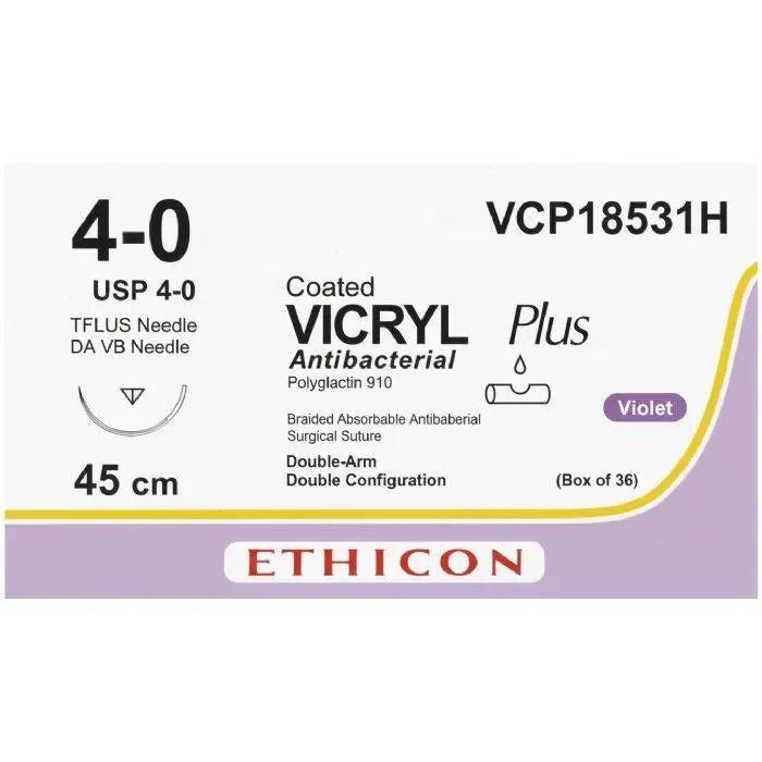 Ethicon VICRYL PLUS Polyglactin 910 Braided Absorbable Antibacterial Surgical Suture – USP 4 - 0 – 45 cm – Violet – Single - Armed Double - Arm Configuration DA VB Needle – VCP18531H (Box of 36) Size: 4 - 0 Colour: Violet Style: Single - armed (DA VB configuration) - VCP18531H