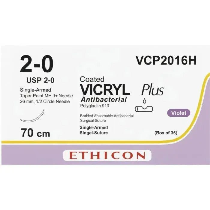 Ethicon VICRYL PLUS Polyglactin 910 Braided Absorbable Antibacterial Surgical Suture – USP 2 - 0 – 70 cm – Violet – Single - Armed Taper Point MH - 1+ Needle 26 mm, 1/2 Circle – VCP2016H (Box of 36) Size: 2 - 0 Colour: Violet Style: Taper Point MH - 1+ - VCP2016H