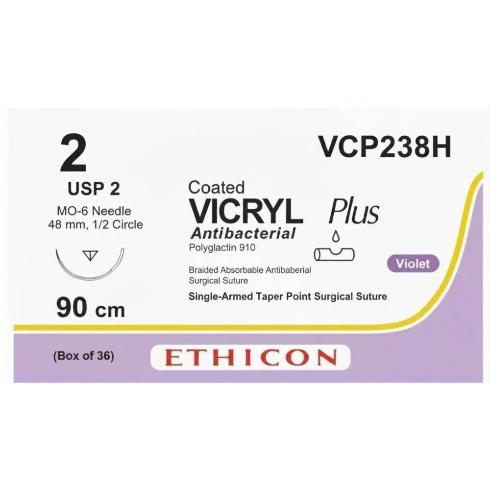 Ethicon VICRYL PLUS Polyglactin 910 Braided Absorbable Antibacterial Surgical Suture – USP 2 – 90 cm – Violet – Single - Armed Taper Point MO - 6 Needle 48 mm, 1/2 Circle – VCP238H (Box of 36) Size: 2 Colour: Violet Style: Taper Point MO - 6 - Medical SutureVCP238H