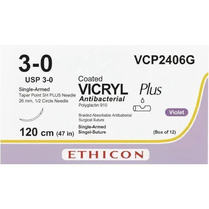 Ethicon VICRYL PLUS Polyglactin 910 Braided Absorbable Antibacterial Surgical Suture – USP 3 - 0 – 120 cm (47 in) – Violet – Single - Armed Taper Point SH PLUS Needle 26 mm, 1/2 Circle – VCP2406G (Box of 12) Size: 3 - 0 Colour: Violet Style: Taper Point SH PLUS - VCP2406G