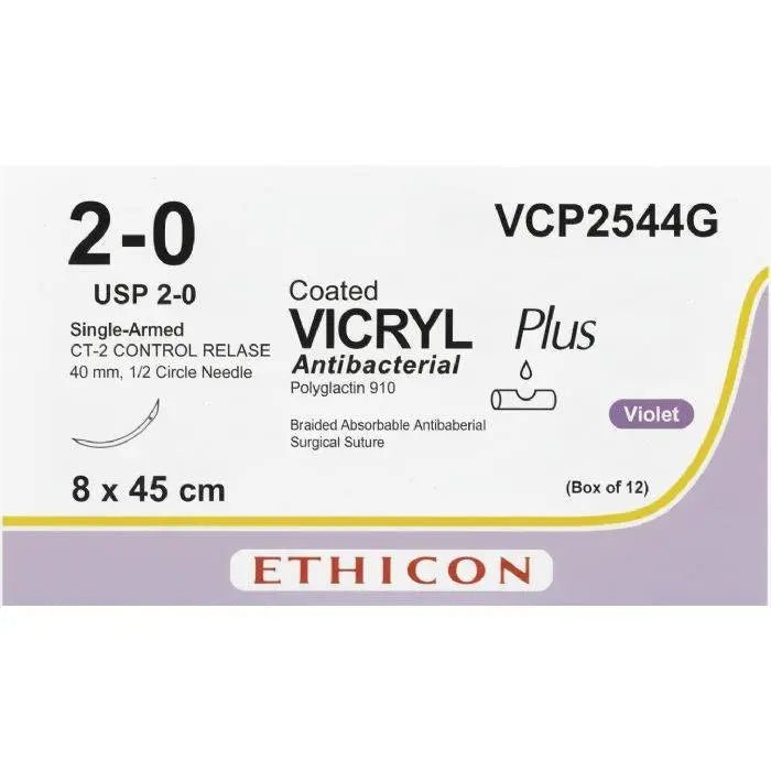 Ethicon VICRYL PLUS Polyglactin 910 Braided Absorbable Antibacterial Surgical Suture – USP 2 - 0 – 8 x 45 cm – Violet – Single - Armed Taper Point CT - 2 CONTROL RELEASE Needle 40 mm, 1/2 Circle – VCP2544G (Box of 12) Size: 2 - 0 - VCP2544G