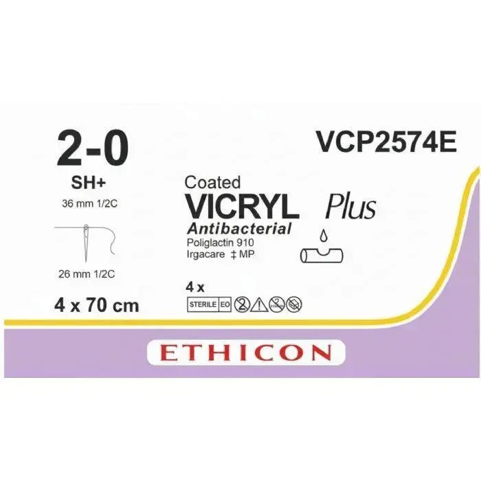 Ethicon VICRYL PLUS Polyglactin 910 Braided Absorbable Antibacterial Surgical Suture – USP 2 - 0 – 4 x 70 cm – Violet – Single - Armed Taper Point SH+ CR Needle 26 mm, 1/2 Circle – VCP2574E (Box of 24) Size: 2 - 0 Colour: Violet Style: Taper Point SH+ - VCP2574E