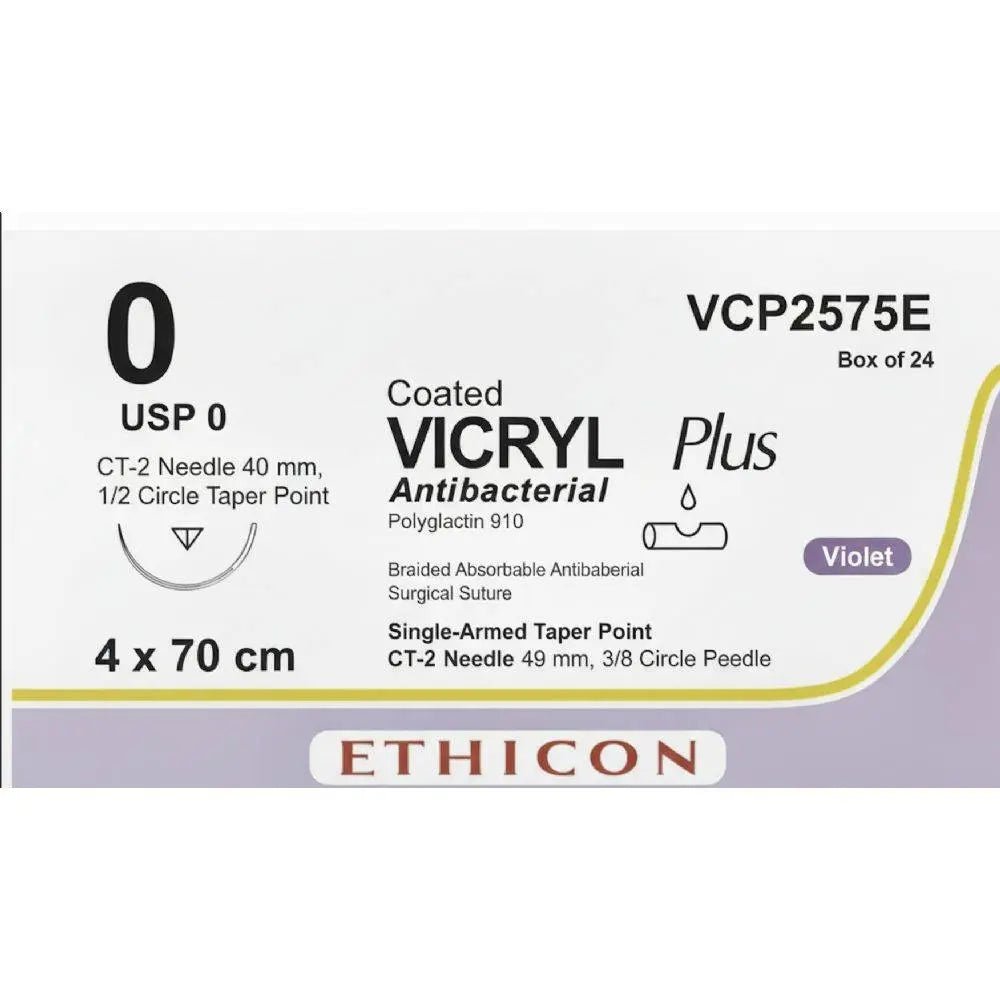Ethicon VICRYL PLUS Polyglactin 910 Braided Absorbable Antibacterial Surgical Suture – USP 0 – 4 x 70 cm – Violet – Single - Armed Taper Point CT - 2 CONTROL RELEASE Needle 40 mm, 1/2 Circle – VCP2575E (Box of 24) - VCP2575E