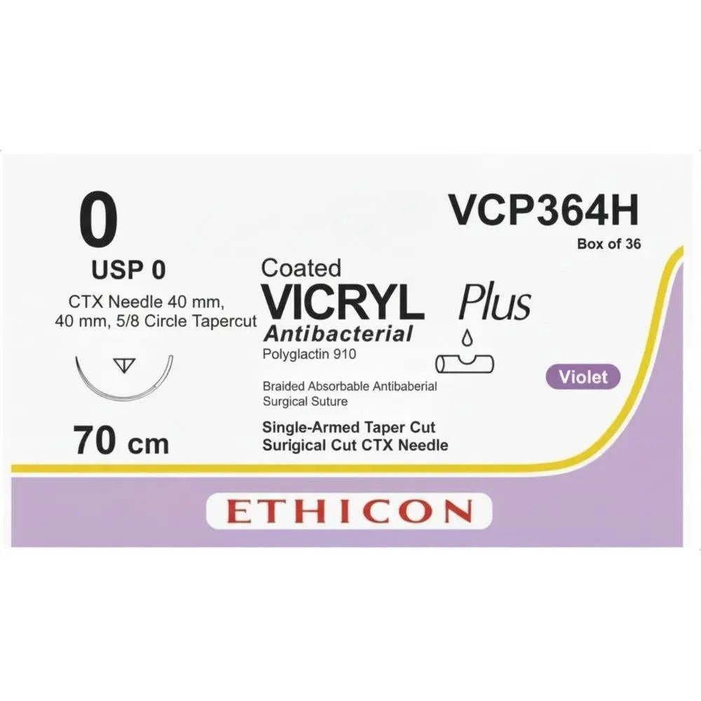 Ethicon VICRYL PLUS Polyglactin 910 Braided Absorbable Antibacterial Surgical Suture – USP 0 – 70 cm – Violet – Single - Armed Taper Cut CTX Needle – VCP364H (Box of 36) - Medical SutureVCP364H