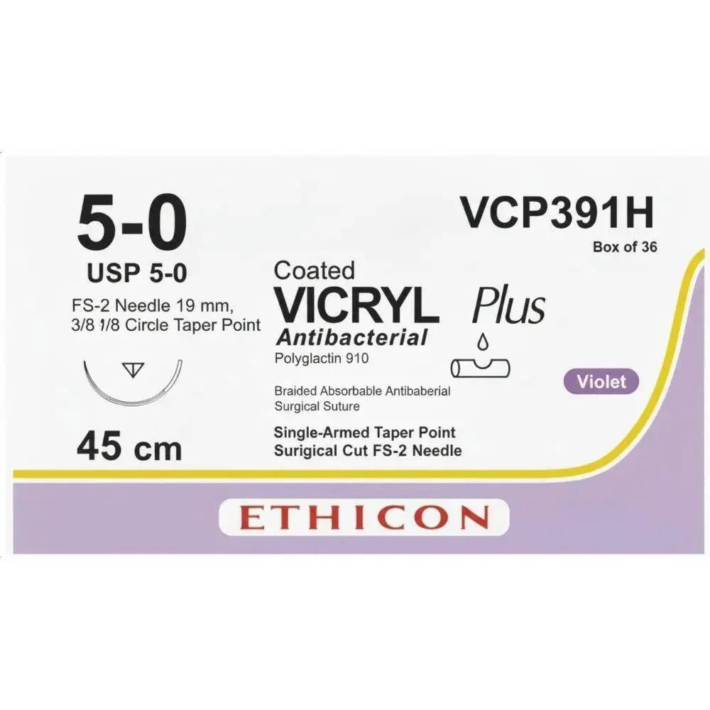 Ethicon VICRYL PLUS Polyglactin 910 Braided Absorbable Antibacterial Surgical Suture – USP 5 - 0 – 45 cm – Violet – Single - Armed Taper Point FS - 2 Needle 19 mm, 3/8 Circle – VCP391H (Box of 36) Size: 5 - 0 Colour: Violet Style: Taper Point FS - 2 - Medical SutureVCP391H