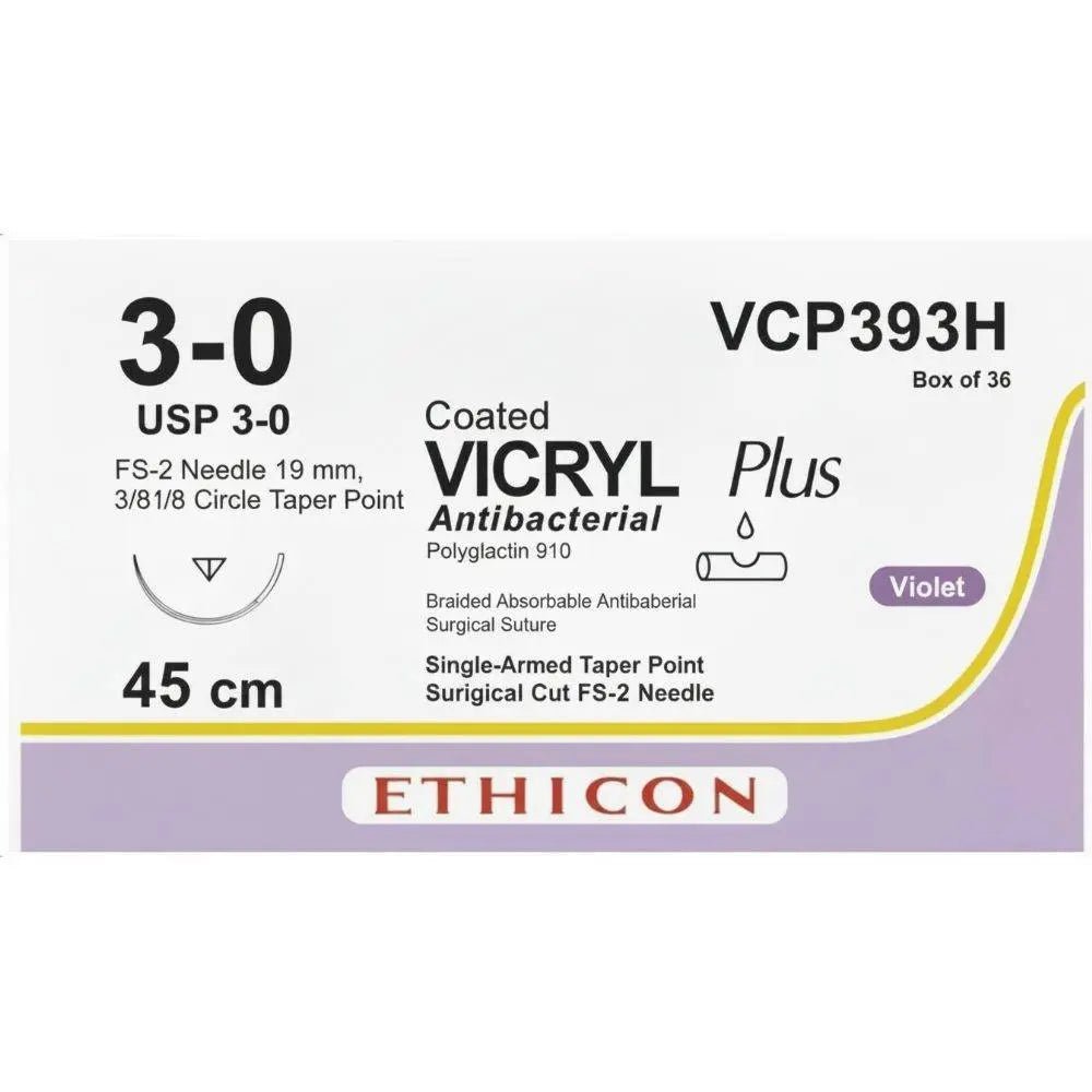 Ethicon VICRYL PLUS Polyglactin 910 Braided Absorbable Antibacterial Surgical Suture – USP 3 - 0 – 45 cm – Violet – Single - Armed Taper Point FS - 2 Needle 19 mm, 3/8 Circle – VCP393H (Box of 36) Size: 3 - 0 Colour: Violet Style: Taper Point FS - 2 - Medical SutureVCP393H