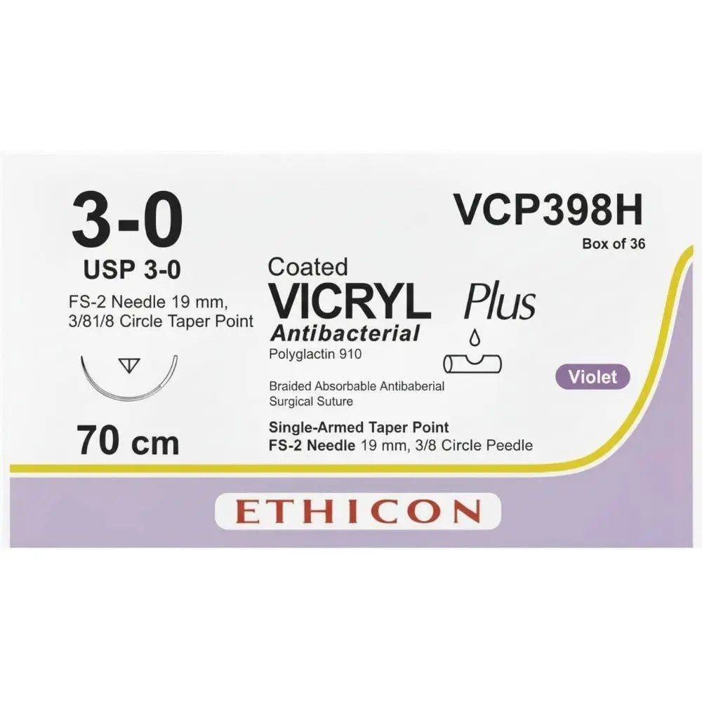 Ethicon VICRYL PLUS Polyglactin 910 Braided Absorbable Antibacterial Surgical Suture – USP 3 - 0 – 70 cm – Violet – Single - Armed Taper Point FS - 2 Needle 19 mm, 3/8 Circle – VCP398H (Box of 36) Size: 3 - 0 Colour: Violet Style: Taper Point FS - 2 - Medical SutureVCP398H